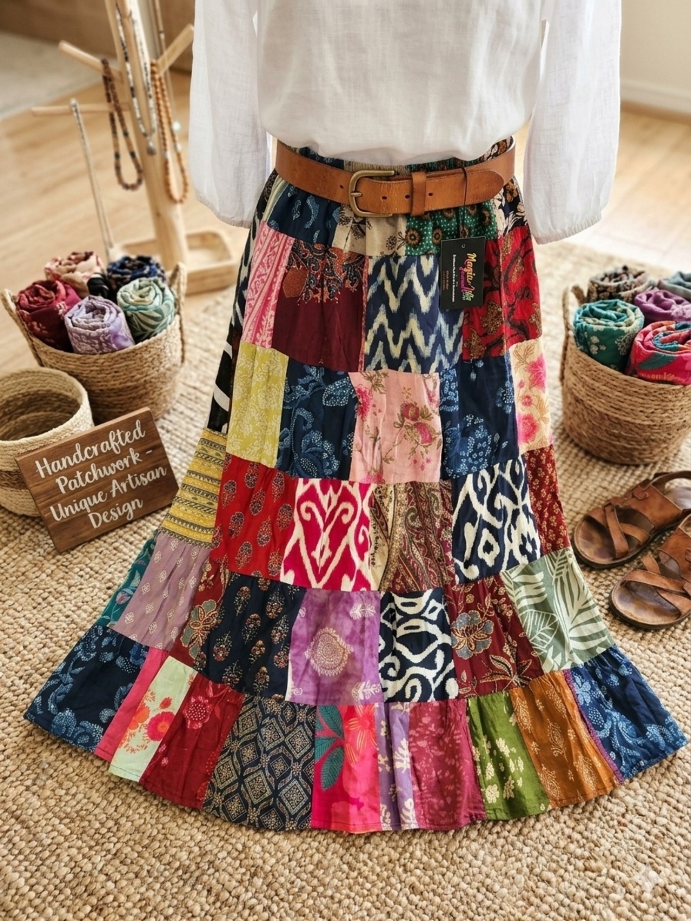 Hand Crafted Multicolor Boho Patchwork Skirt with Navy and Red Panels